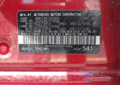 2019 Mitsubishi Outlander Se из США, поврежденный, VIN JA4AD3A3XKZ019604